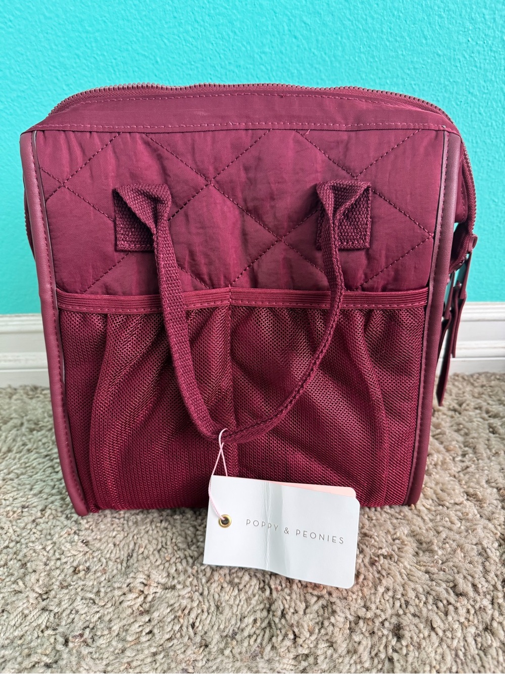 Poppy & Peonies Quilted Wine Cosmetic Bag with Dual Handles